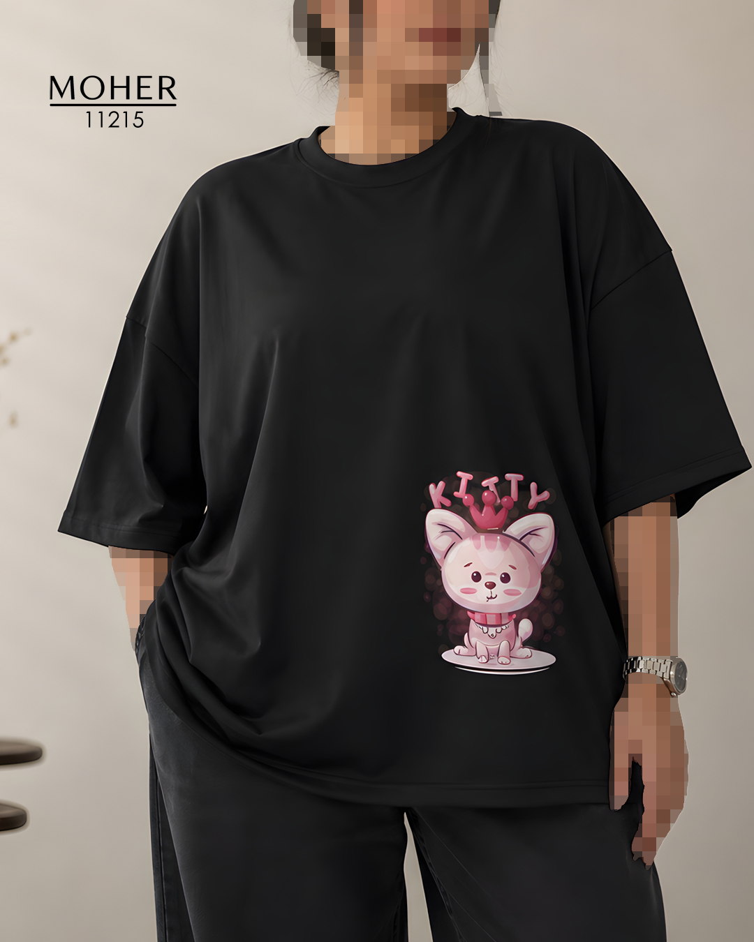 تیشرت باکسی سایز بزرگ طرح پیشی KITTY