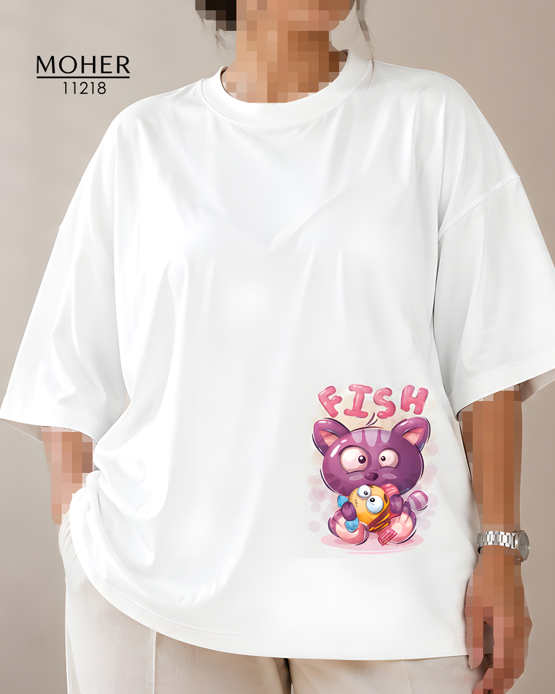 تیشرت باکسی سایز بزرگ طرح پیشی FISH