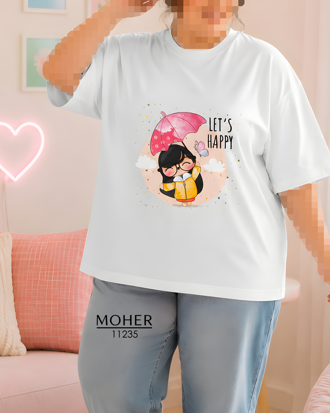 تیشرت باکسی سایز بزرگ طرح دختر Let’s Happy
